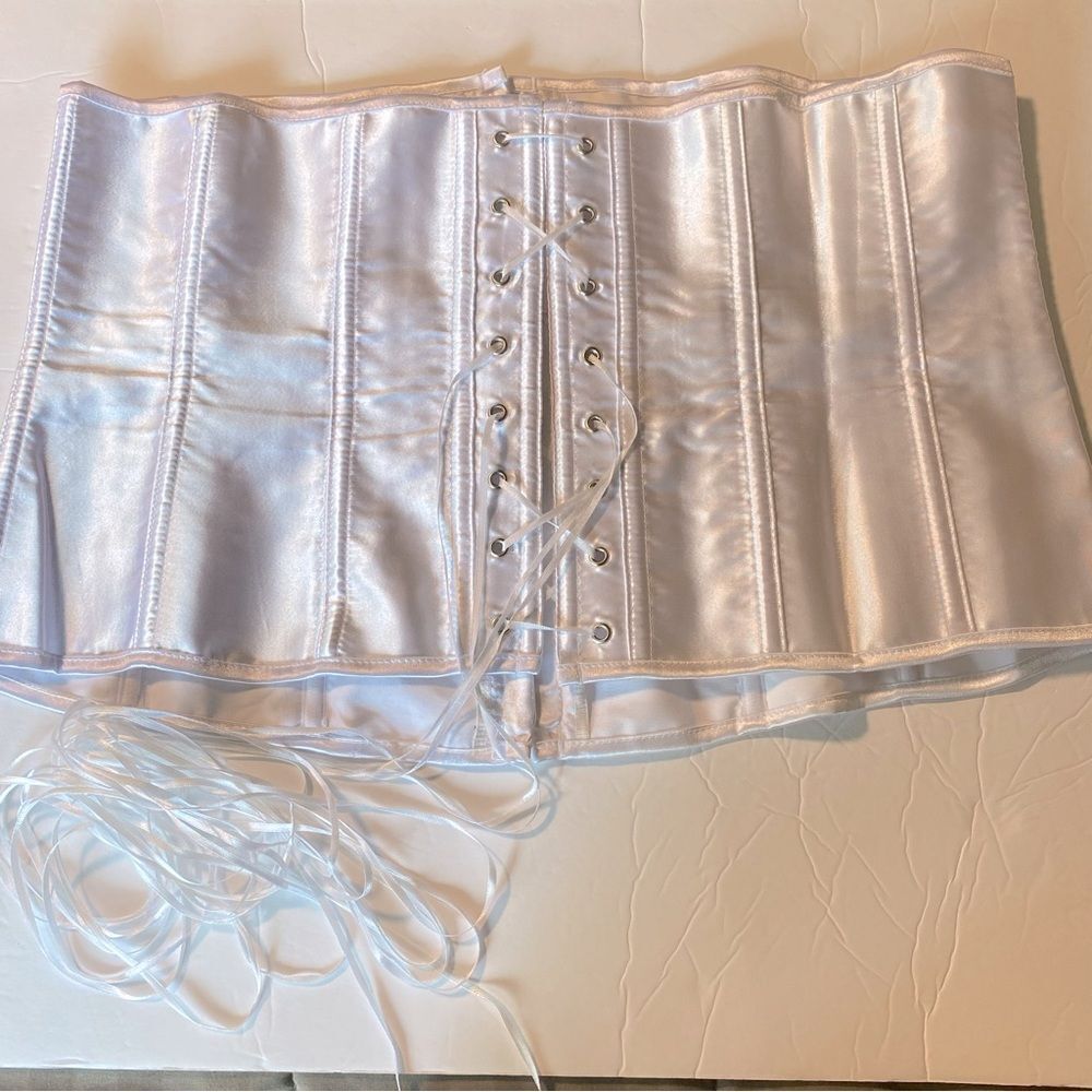 White lace up satin ribbed Overbust corset costume dress up wedding cosplay 4XL - Picture 7 of 8